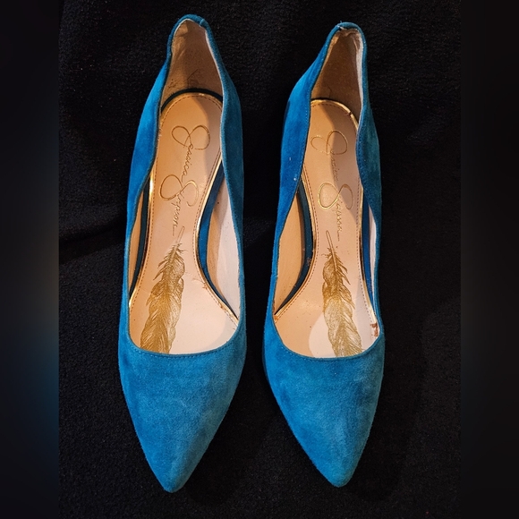 Jessica Simpson Teal/Torquoise Blue Suede Pointy-Toe Leather Stilettos-Size 7.5M - Picture 6 of 9